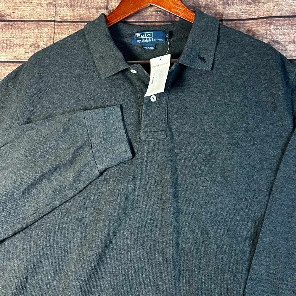VTG Polo Ralph Lauren Mens XL Long Sleeve Polo Gray Cotton Pique Pony Collar NWT